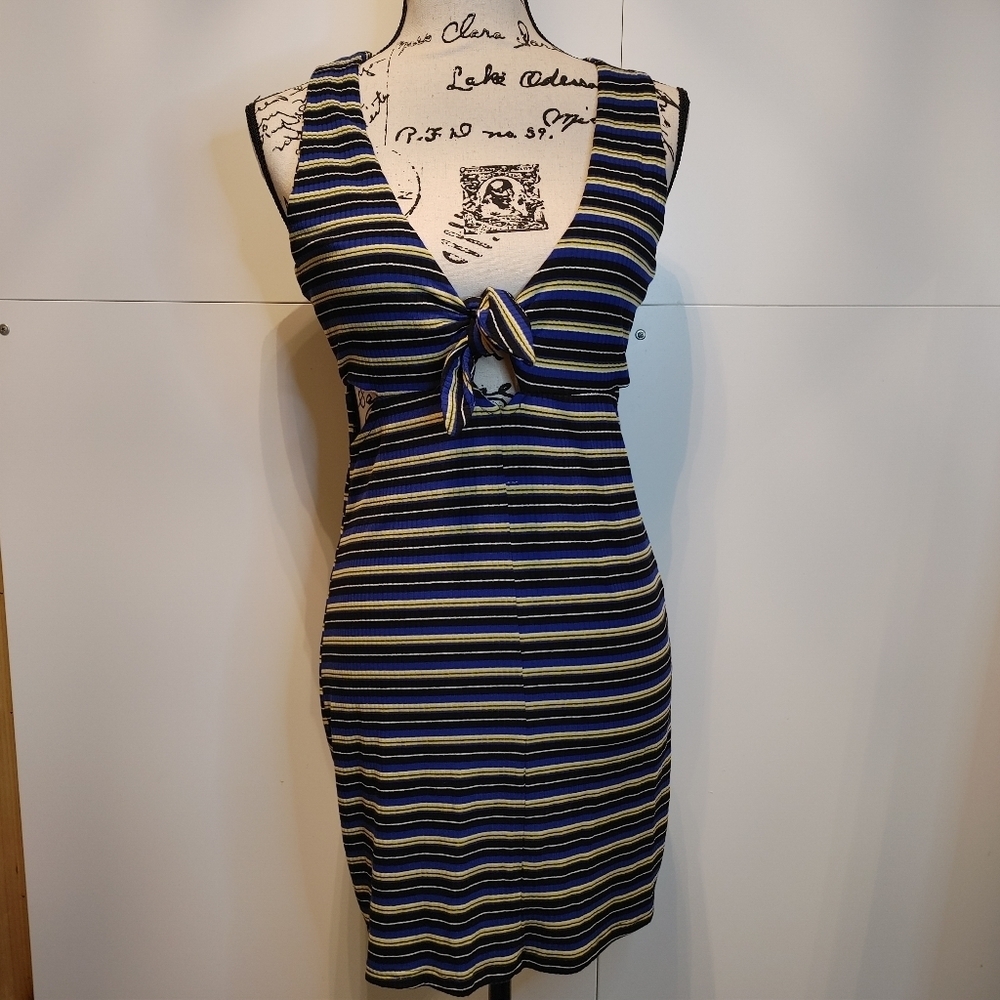 Love riche Blue Yellow Striped Cutout Bodycon Dress M Boutique